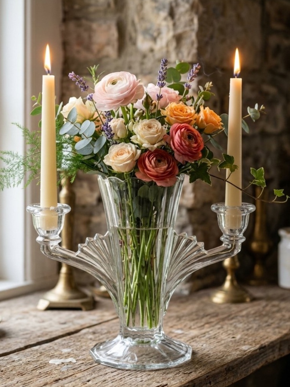 Clear pressed glass vintage Jeanette Glass 2-light candle holder vase